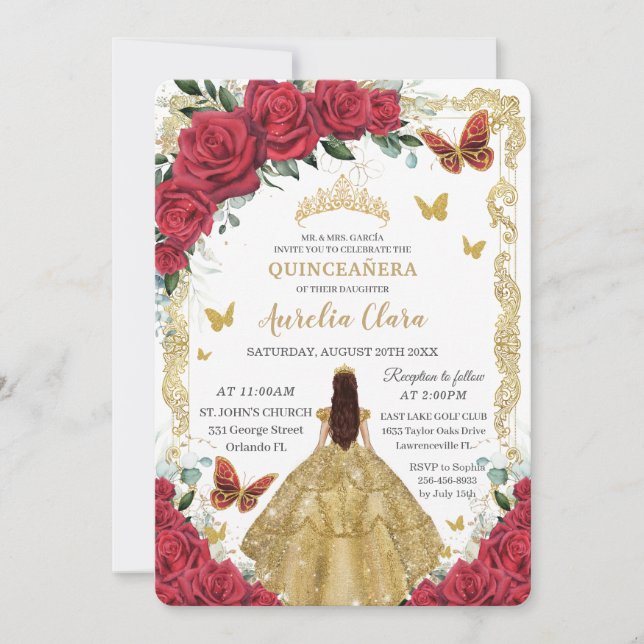 Quinceañera Rote Rosen Blumenschmuck Prinzessin Einladung (Vorderseite)