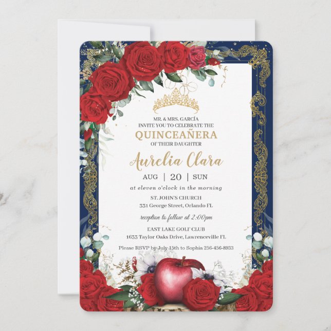 Quinceañera Rote Rosen Blumenschnee Weißer Navy Go Einladung (Vorderseite)