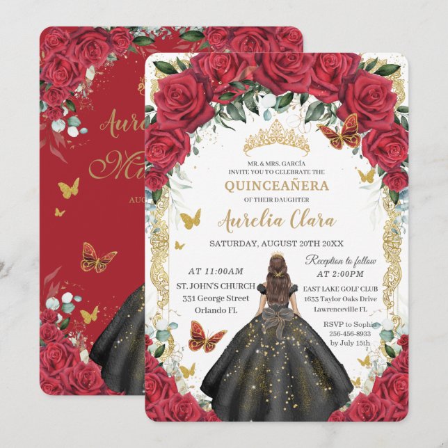 Quinceañera Rote Rosen Blumenschwarzes Kleid Gold Einladung (Vorne/Hinten)
