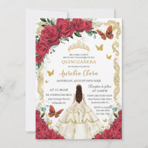 Quinceañera Rote Rosen Blumenweißes Kleidungsstück Einladung
