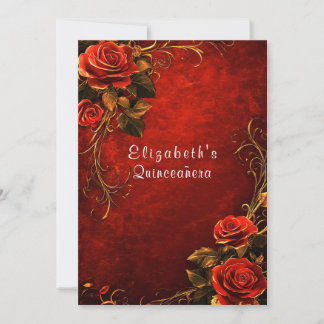 Quinceanera Rote Rosen Gold Filigree Einladung