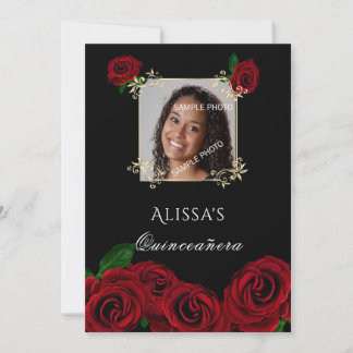 Quinceanera Rote Rosen Gold Frame Quinceanera Einladung