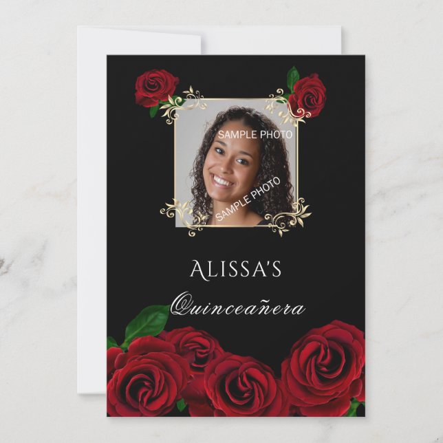 Quinceanera Rote Rosen Gold Frame Quinceanera Einladung (Vorderseite)