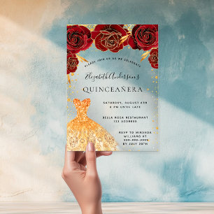 Quinceanera rote Rosen Goldkleid Glitzer klar Acryleinladungen