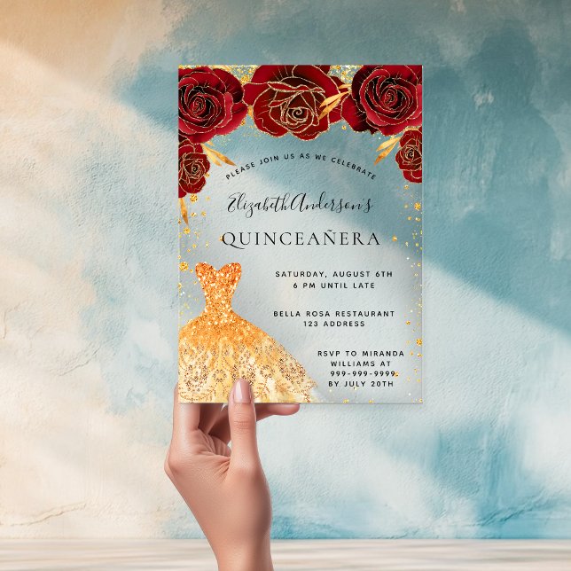 Quinceanera rote Rosen Goldkleid Glitzer klar Acryleinladungen (Von Creator hochgeladen)