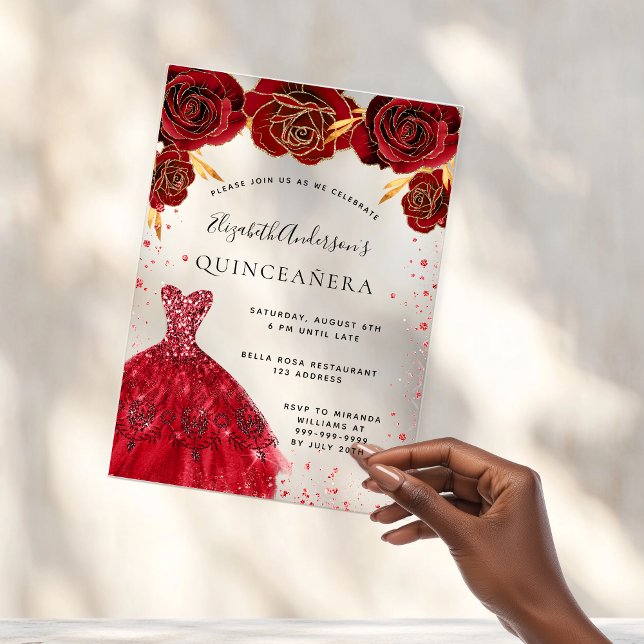 Quinceanera rote Rosen kleiden Glitzer klar Acryleinladungen (Von Creator hochgeladen)