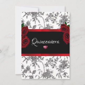 Quinceanera Rote Rosen Red Satin Schwarz-weiß Toil Einladung