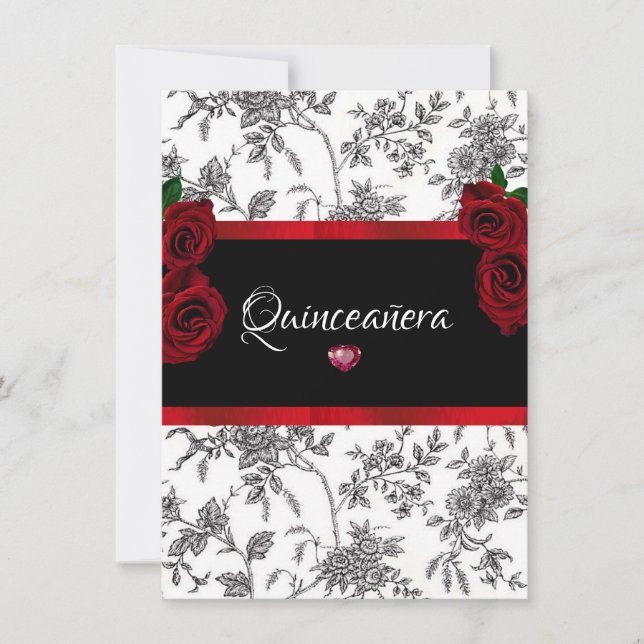 Quinceanera Rote Rosen Red Satin Schwarz-weiß Toil Einladung (Vorderseite)