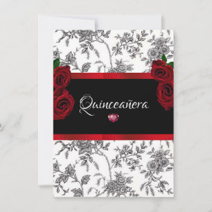 Quinceanera rote Rosen rote Satin schwarz weiß Toi Einladung
