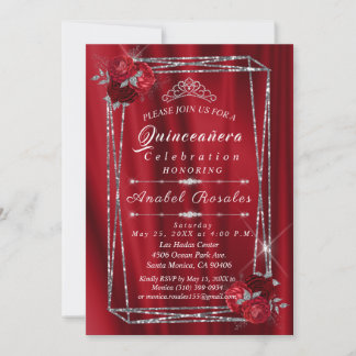 Quinceanera-Rote Rosen und Silberner Glitzer Einladung