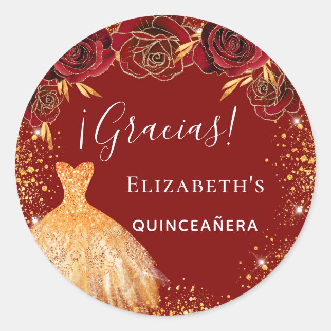 Quinceanera rotes Gold Kleid Gracias Runder Aufkleber (Vorderseite)