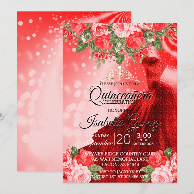 Quinceañera Rotes Got und Blume Einladung (Vorne/Hinten)