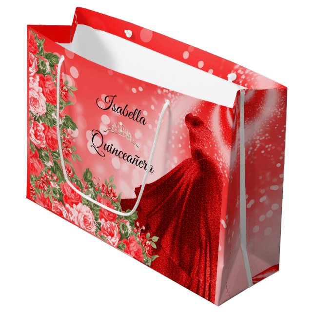 Quinceañera Rotes Got und Blume Große Geschenktüte (Vorderseite Schrägansicht)