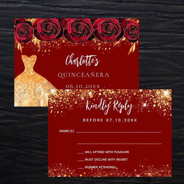 Quinceanera Rotes Kleid Blume Gold RSVP Karte (Von Creator hochgeladen)
