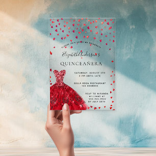 Quinceanera rotes Kleid Herzen klar Acryleinladungen