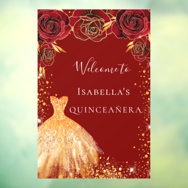 Quinceanera Rotgold Glitzer Kleid Blumenempfang Fensteraufkleber (Blatt 3)