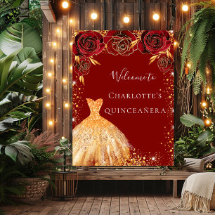 Quinceanera Rotgold Glitzer Kleid Blumenempfang Poster