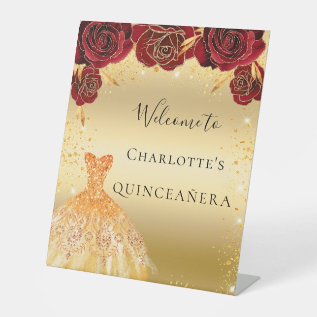 Quinceanera Rotgold Glitzer Kleid Blumenempfang Sockelschild (Vorderseite)