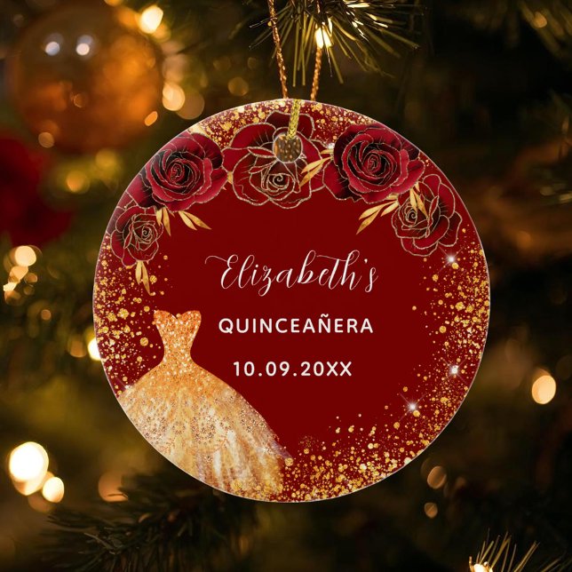 Quinceanera Rotgoldkleid Name glasig Keramik Ornament (Von Creator hochgeladen)
