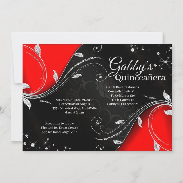 Quinceañera rouge et noir ou Sweet 16 invitation (Devant)