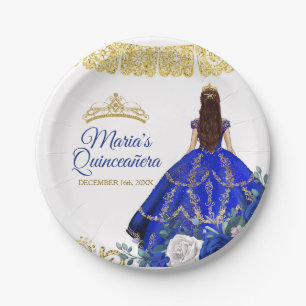 Quinceañera Royal Blue Blumen Aquarell Pappteller