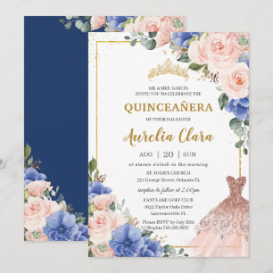 Quinceañera Royal Blue Blush Blumenkleid Tiara Einladung