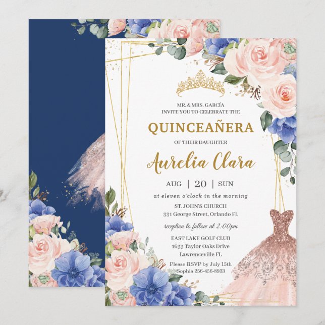 Quinceañera Royal Blue Blush Floral Tiara Kleid Einladung (Vorne/Hinten)