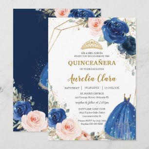 Quinceañera Royal Blue Blush Rose Ball Gown Einladung