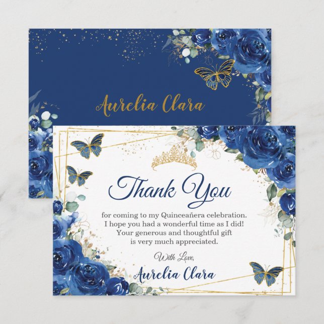 Quinceañera Royal Blue Floral Butterfells Geburtst Dankeskarte (Vorne/Hinten)