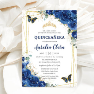 Quinceañera Royal Blue Floral Butterfells Geburtst Einladung