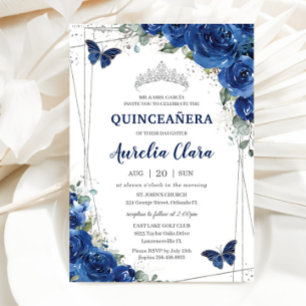 Quinceañera Royal Blue Floral Butterfells Geburtst Einladung