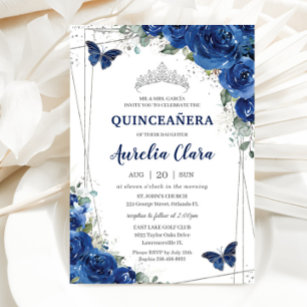 Quinceañera Royal Blue Floral Butterfells Geburtst Einladung