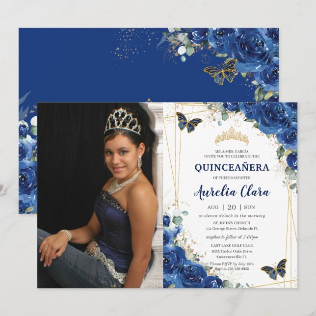 Quinceañera Royal Blue Floral Butterfells Geburtst Einladung (Vorne/Hinten)