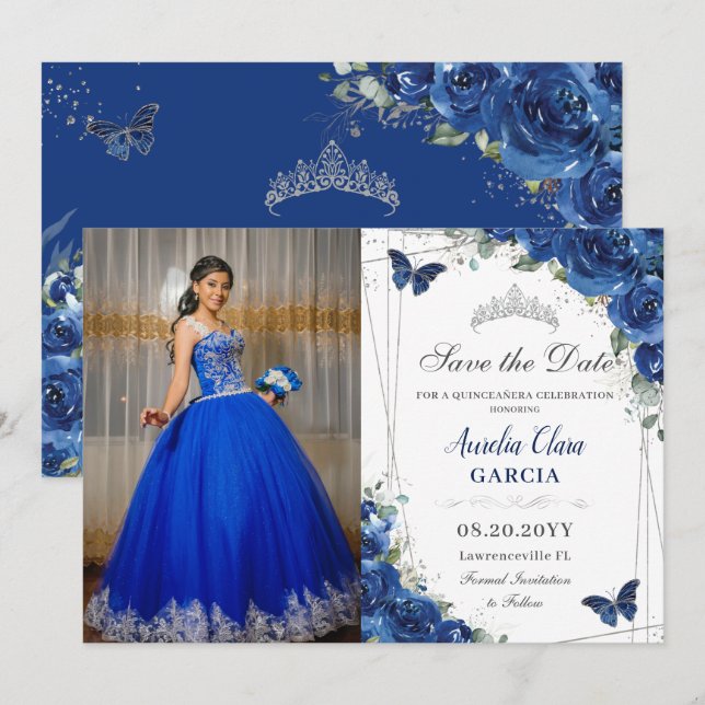 Quinceañera Royal Blue Floral Butterfells Geburtst Save The Date (Vorne/Hinten)