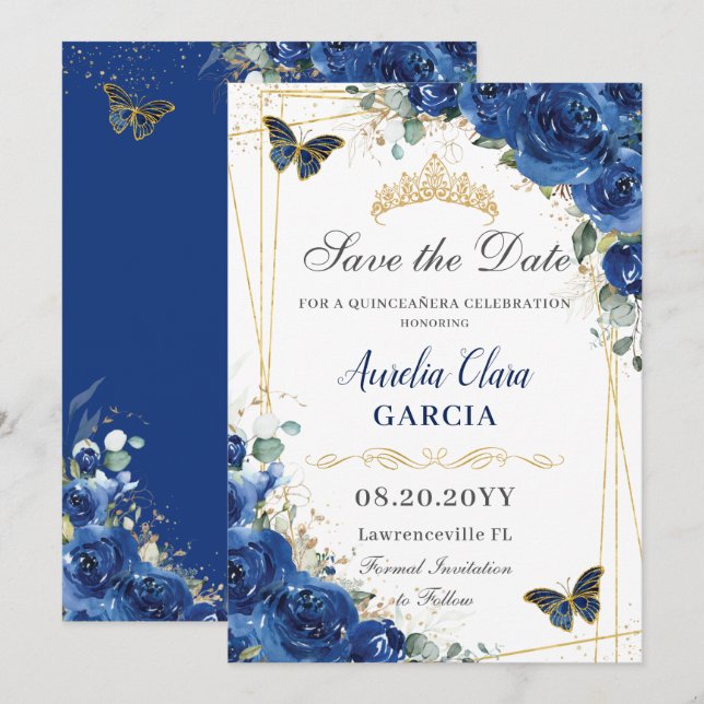 Quinceañera Royal Blue Floral Butterfells Geburtst Save The Date (Vorne/Hinten)