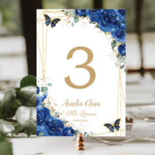 Quinceañera Royal Blue Floral Gold Schmetterlinge Tischnummer