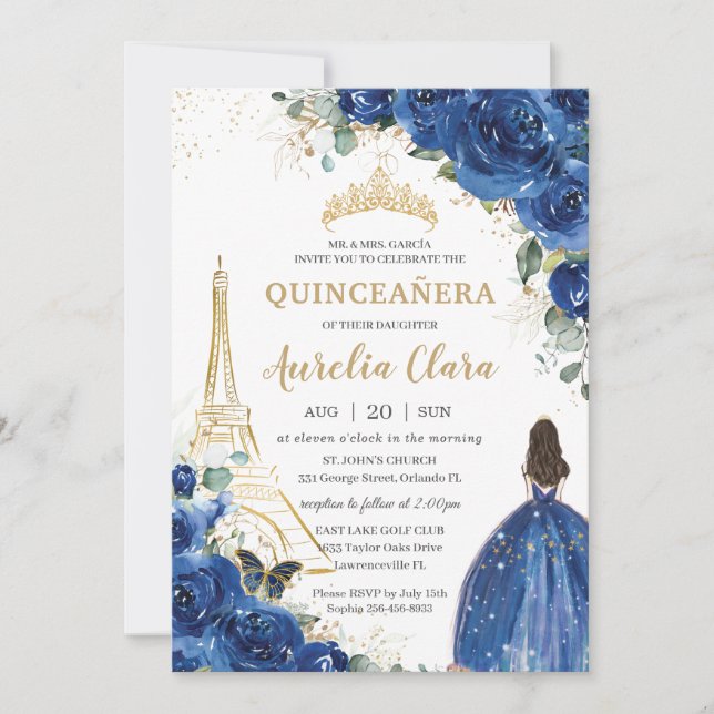 Quinceañera Royal Blue Floral Paris Eiffel Gold Einladung (Vorderseite)