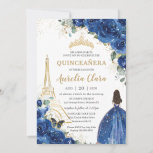 Quinceañera Royal Blue Floral Paris Eiffel Gold Einladung