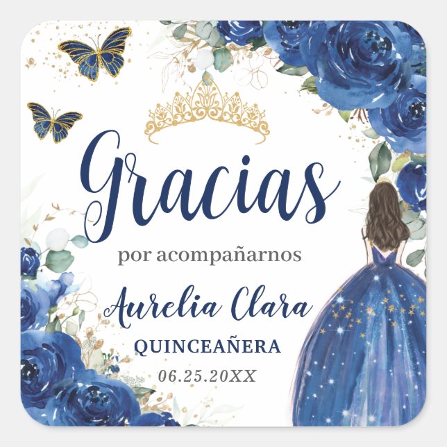 Quinceañera Royal Blue Floral Princess Dress Gold Quadratischer Aufkleber (Vorderseite)