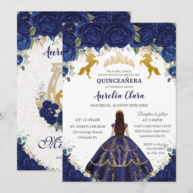 Quinceañera Royal Blue Floral Princess Gold Pferde Einladung (Vorne/Hinten)