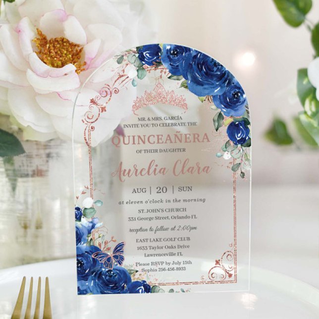 Quinceañera Royal Blue Floral Rose Gold 16. Arch Acryleinladungen (Von Creator hochgeladen)