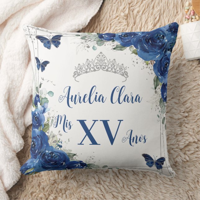 Quinceañera Royal Blue Floral Silberschmetterlinge Kissen (Decke)