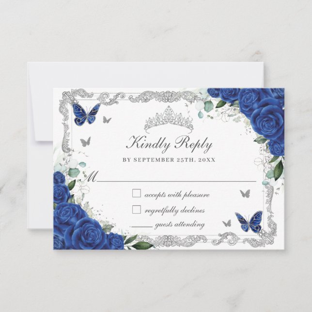 Quinceañera Royal Blue Floral Silberschmetterlinge RSVP Karte (Vorderseite)