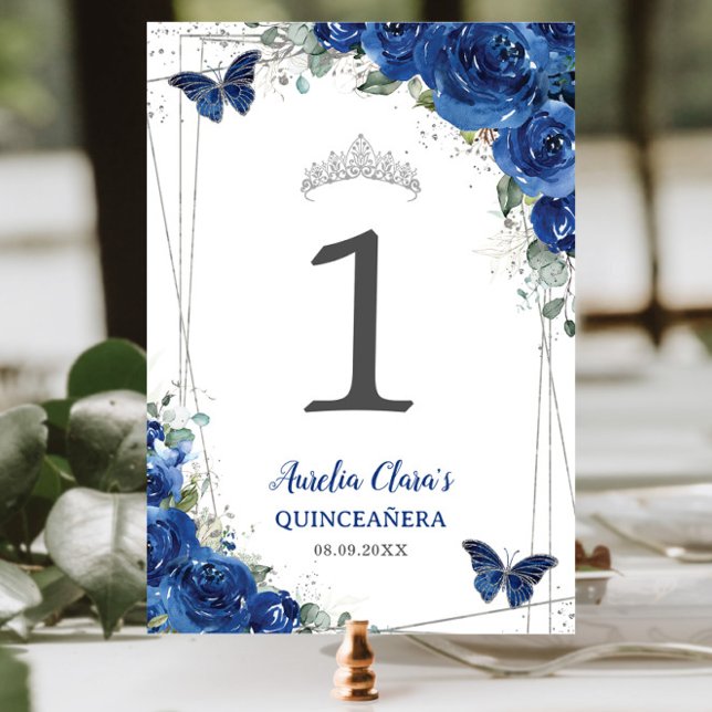 Quinceañera Royal Blue Floral Silberschmetterlinge Tischnummer (Von Creator hochgeladen)