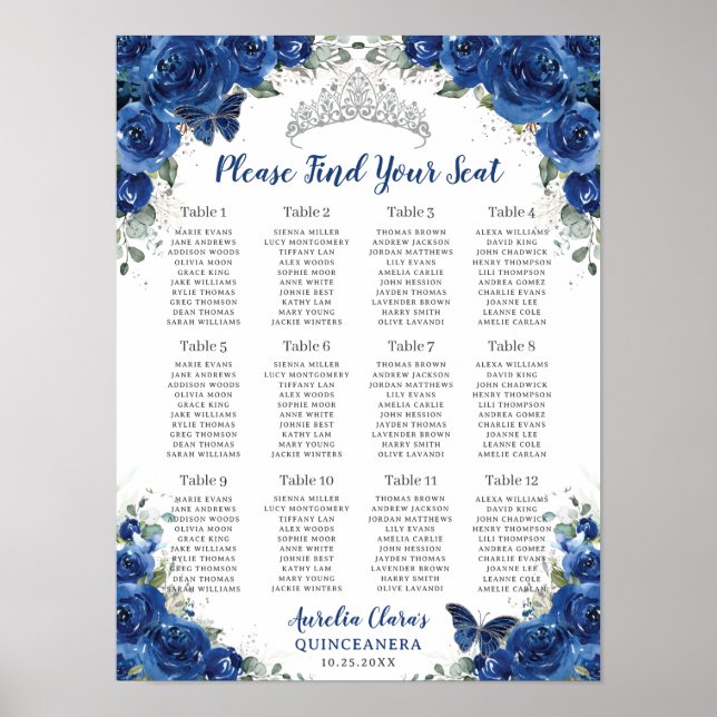 Quinceañera Royal Blue Floral Silver Seekarte Poster (Vorne)