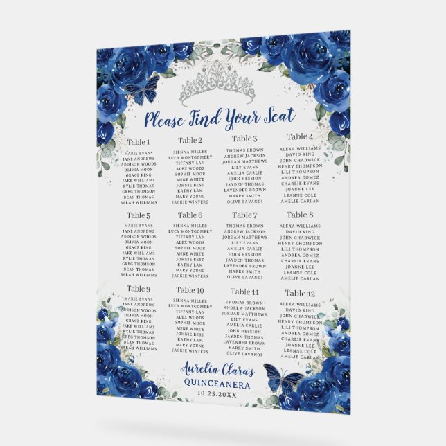 Quinceañera Royal Blue Floral Silver Sitzplatz Acrylschild (Winkel)