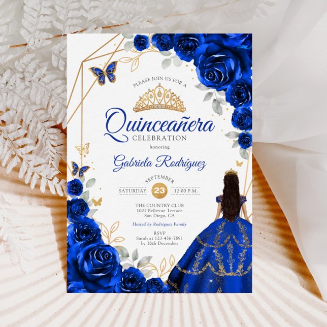 Quinceanera Royal Blue Gold Dress Einladung (Von Creator hochgeladen)