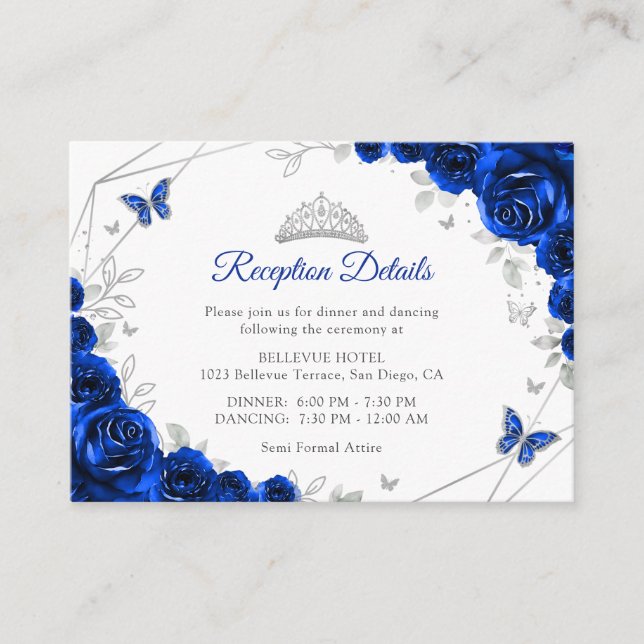 Quinceanera Royal Blue Silver Floral Details Begleitkarte (Vorderseite)