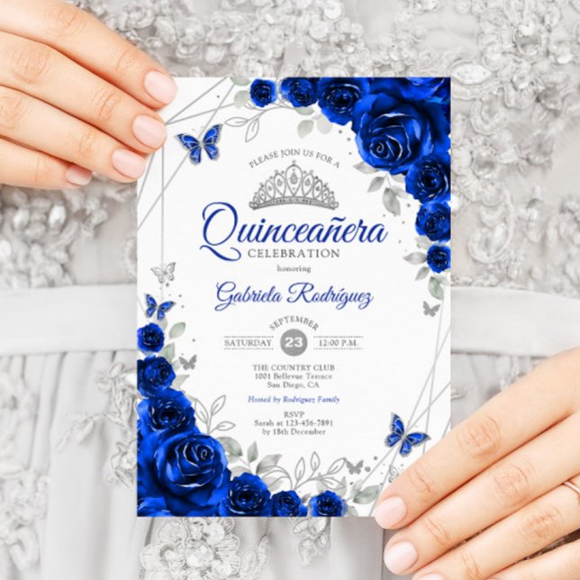 Quinceanera Royal Blue Silver Floral Einladung (Von Creator hochgeladen)