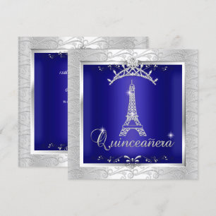 Quinceanera Royal Blue Silver Tiara Eiffel Tower Einladung